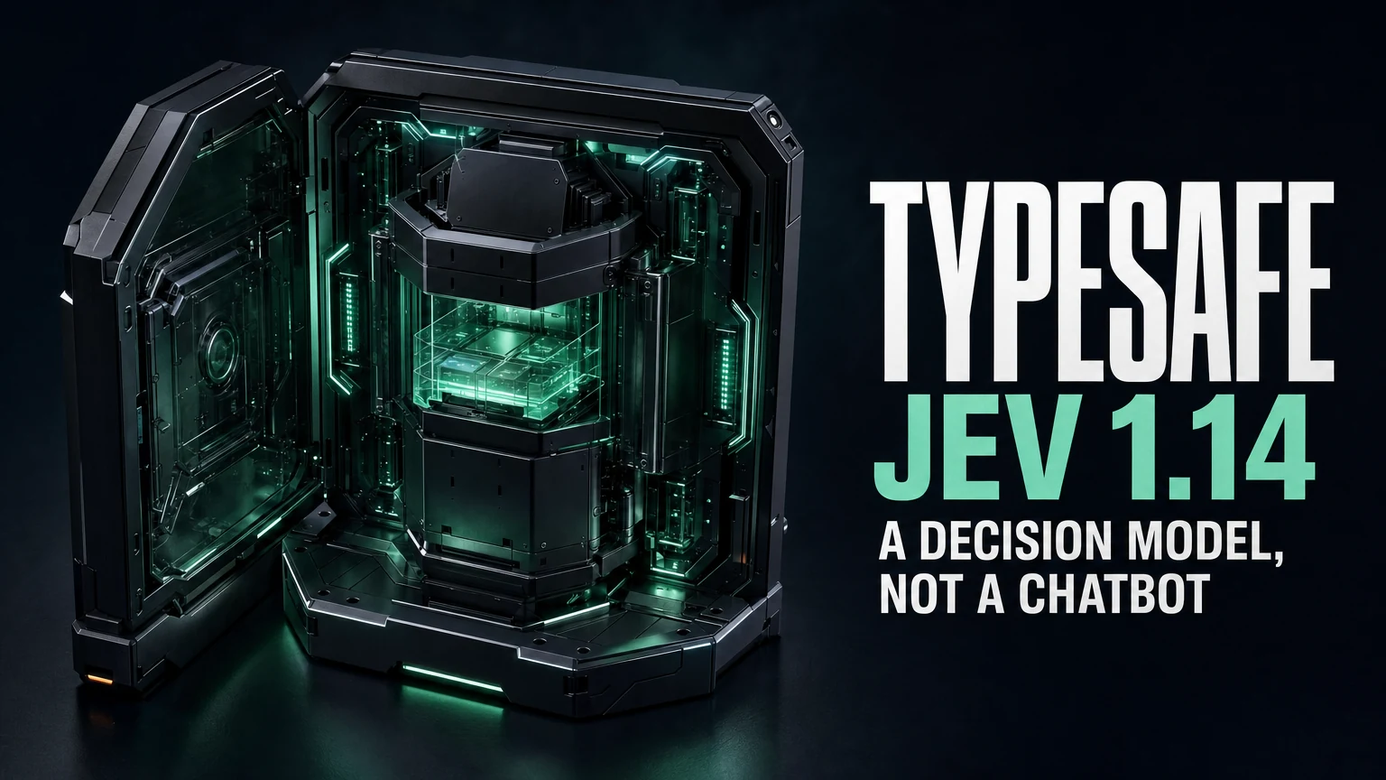 TypeSafe Jev 1.14 headline above a mint-lit decision switch