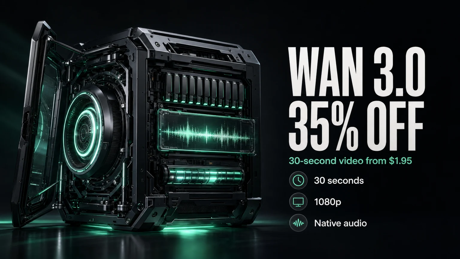 Wan 3.0 discount guide cover with a cinematic 30-second video timeline and 35 percent off pricing