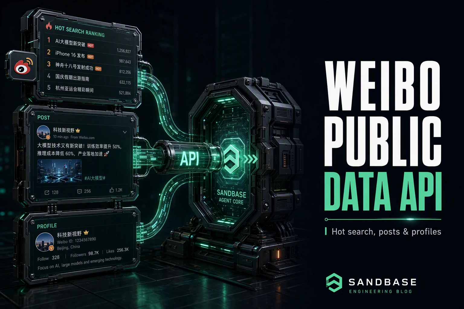 Dark cinematic render of Weibo hot-search, post, and profile data flowing through one API conduit into an agent core
