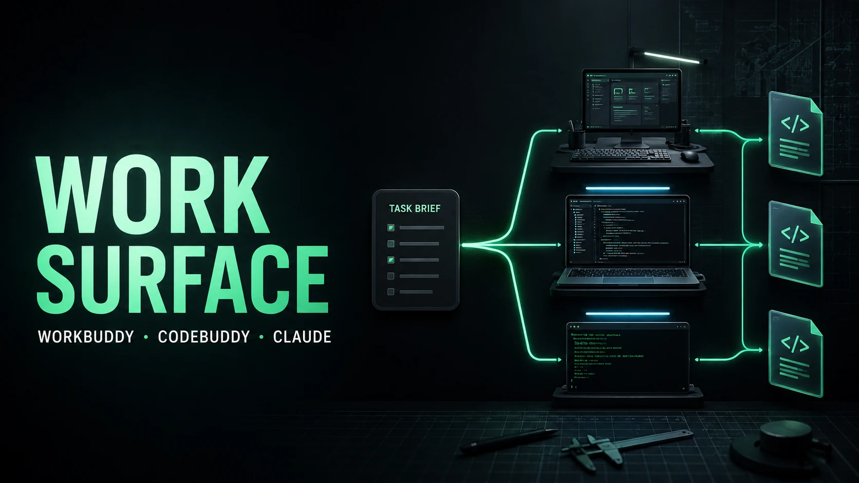 Three AI work surfaces routing tasks to files, an IDE, and a terminal