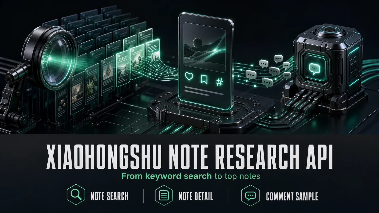 Dark cinematic render of a search lens scanning a grid of note cards, the brightest flowing into a note detail card and a comment stream feeding an agent core