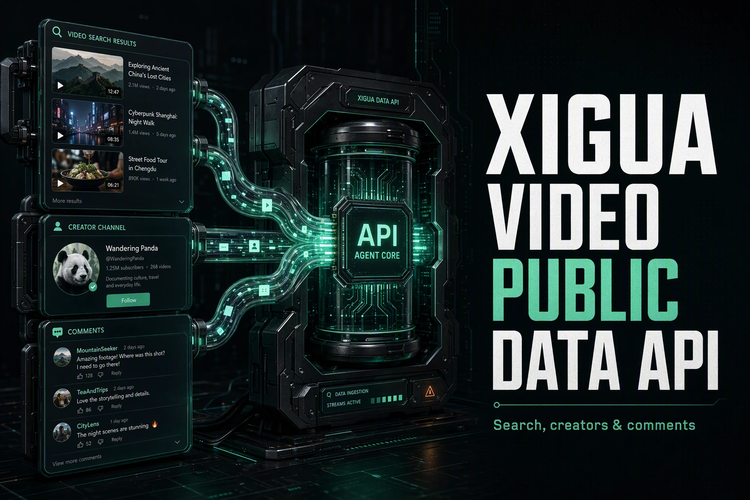 Dark cinematic render of Xigua Video search, user, and comment data flowing through one API conduit into an agent core