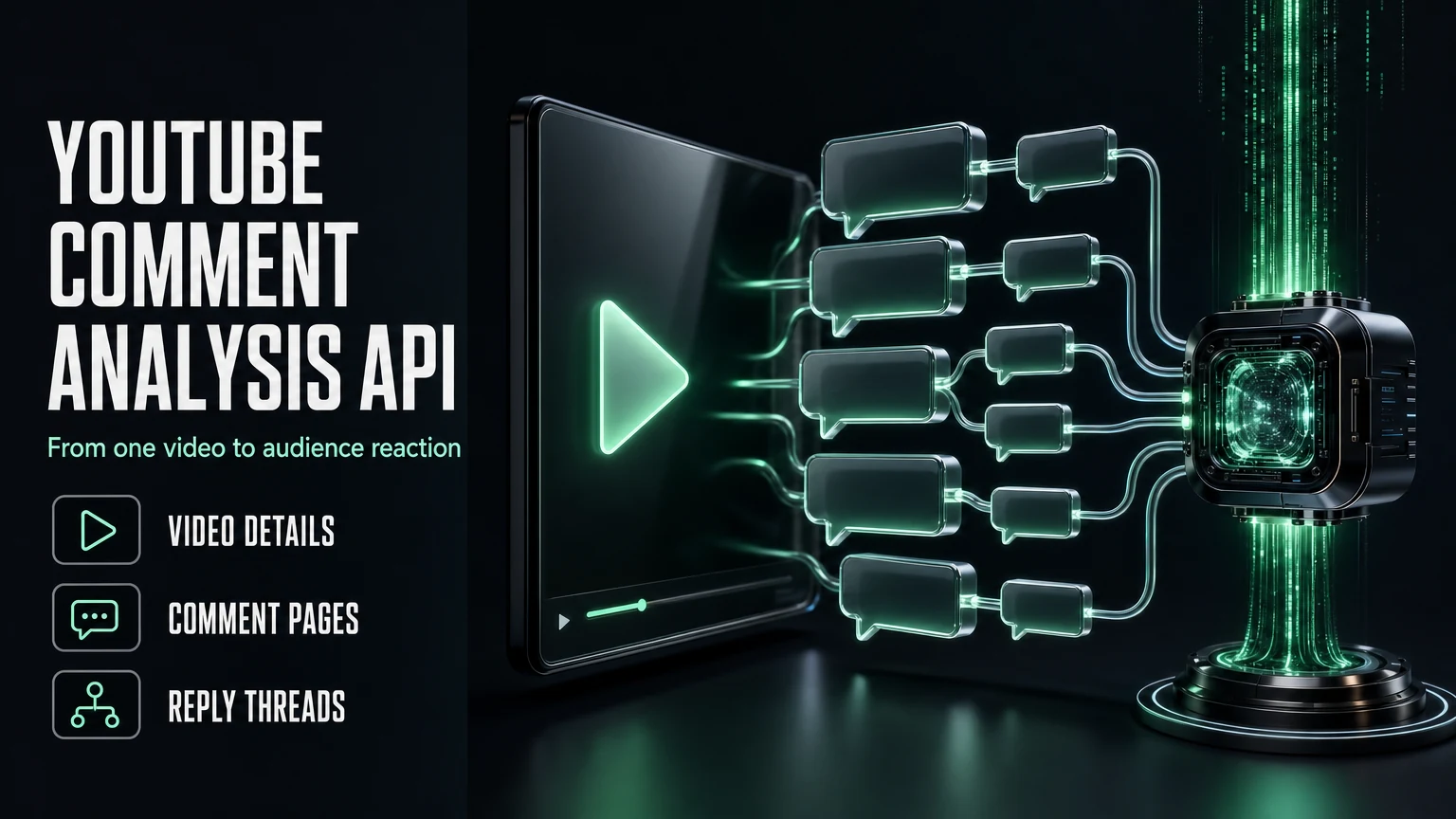 Dark cinematic render of a video player slab branching into comment and reply bubble cards that flow into an agent core