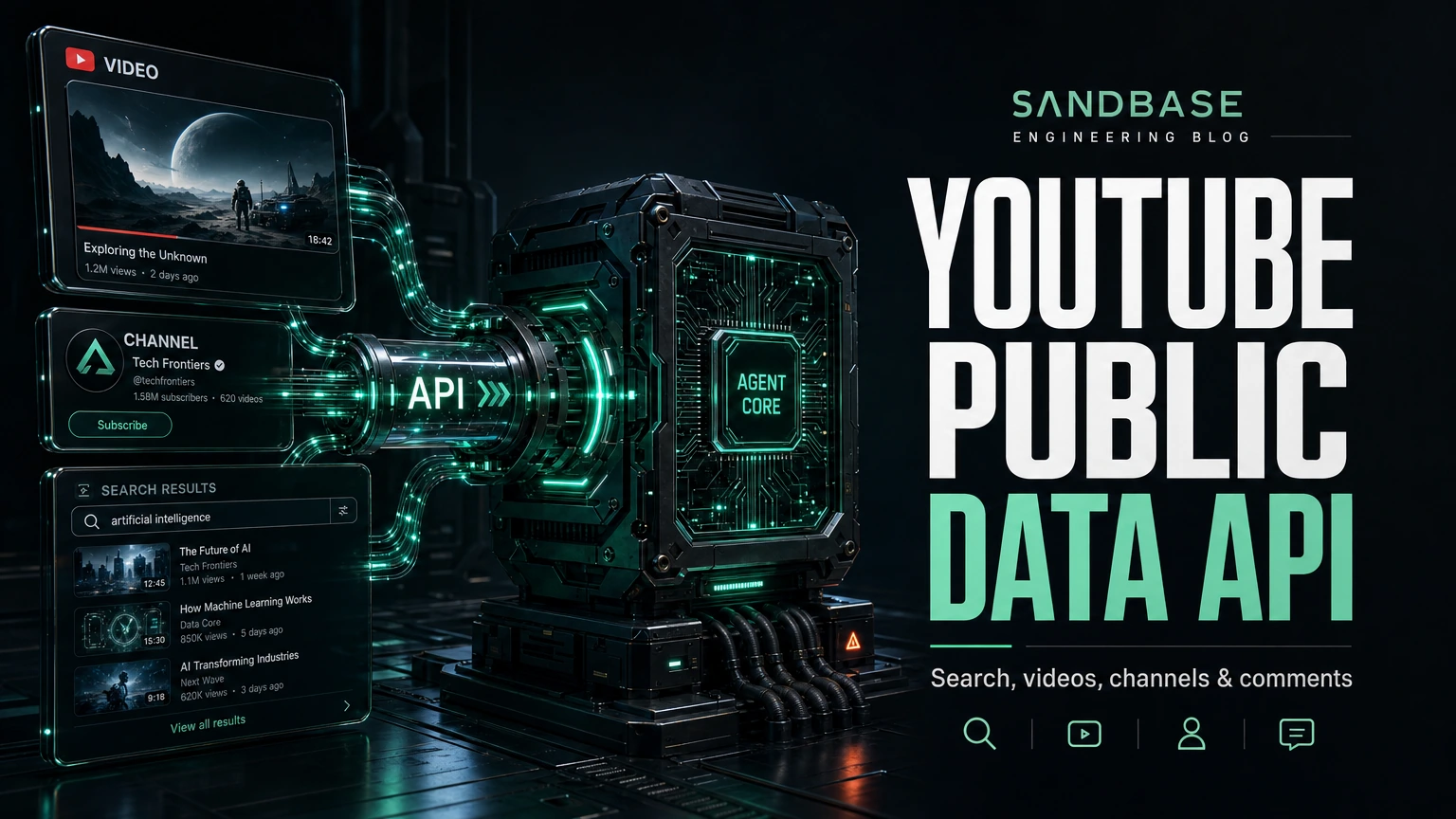 Dark cinematic render of YouTube video, channel, and search data flowing through one API conduit into an agent core