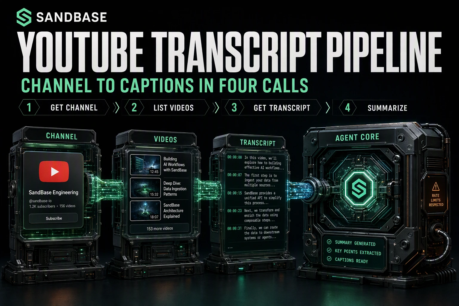 Dark cinematic render of a YouTube channel resolving into a list of videos and a caption transcript stream feeding an agent core