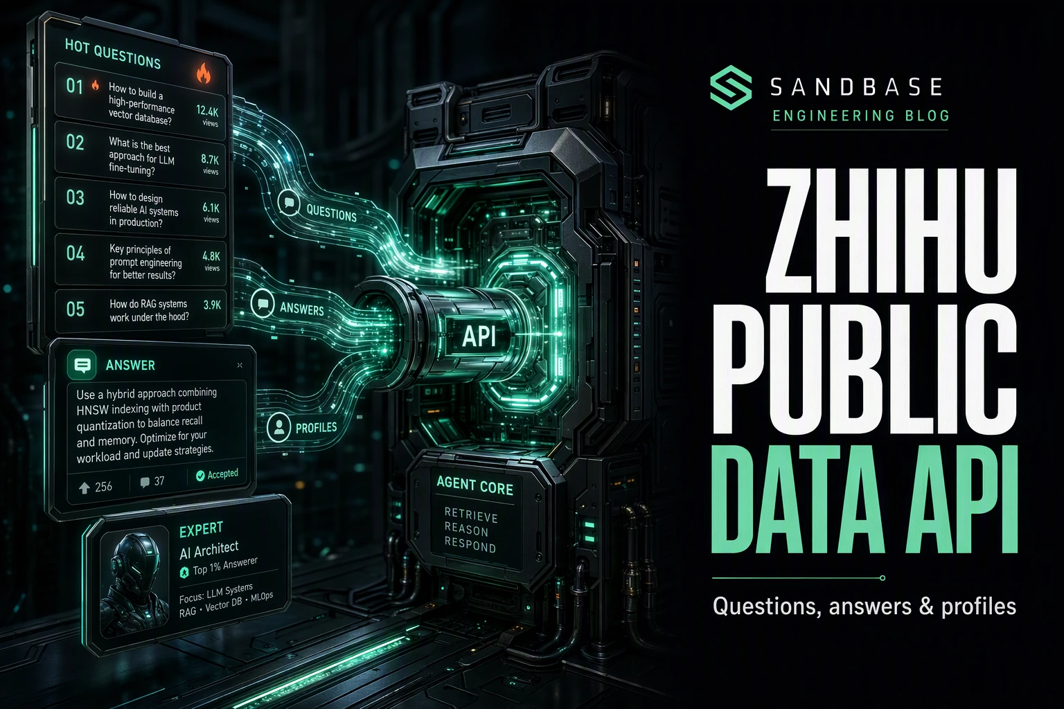 Dark cinematic render of Zhihu question, answer, and profile data flowing through one API conduit into an agent core