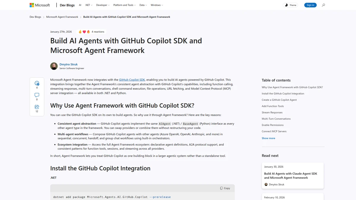 Microsoft's announcement of the GitHub Copilot SDK integration