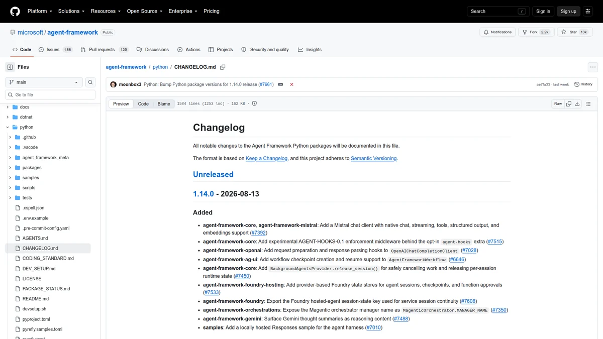 Agent Framework changelog showing harness and Copilot integration work