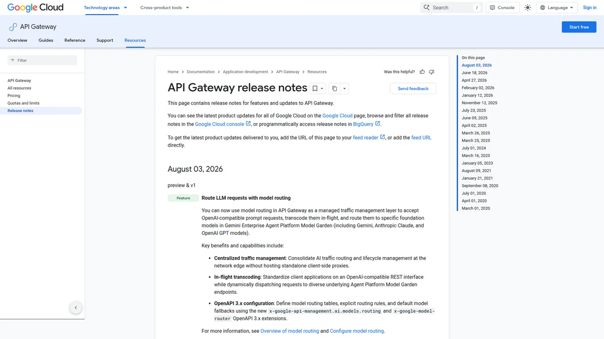 Google Cloud API Gateway release notes confirming model routing preview