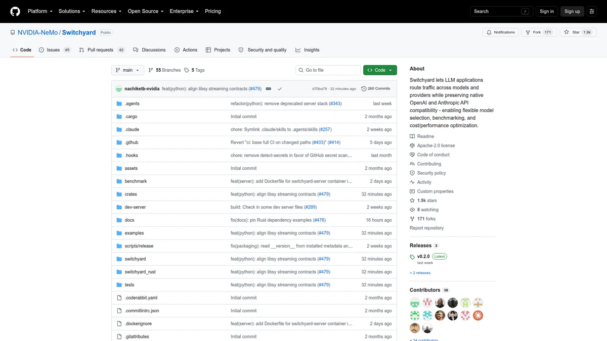 NVIDIA Switchyard GitHub repository showing its proxy and protocol translation features