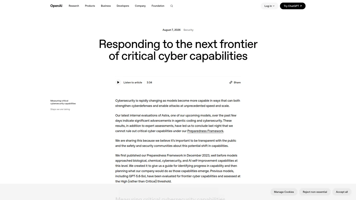 OpenAI disclosure about Astra and critical cybersecurity capabilities