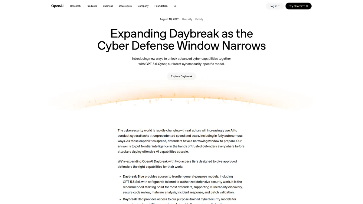 OpenAI Daybreak announcement describing tiered access to cyber-capable models