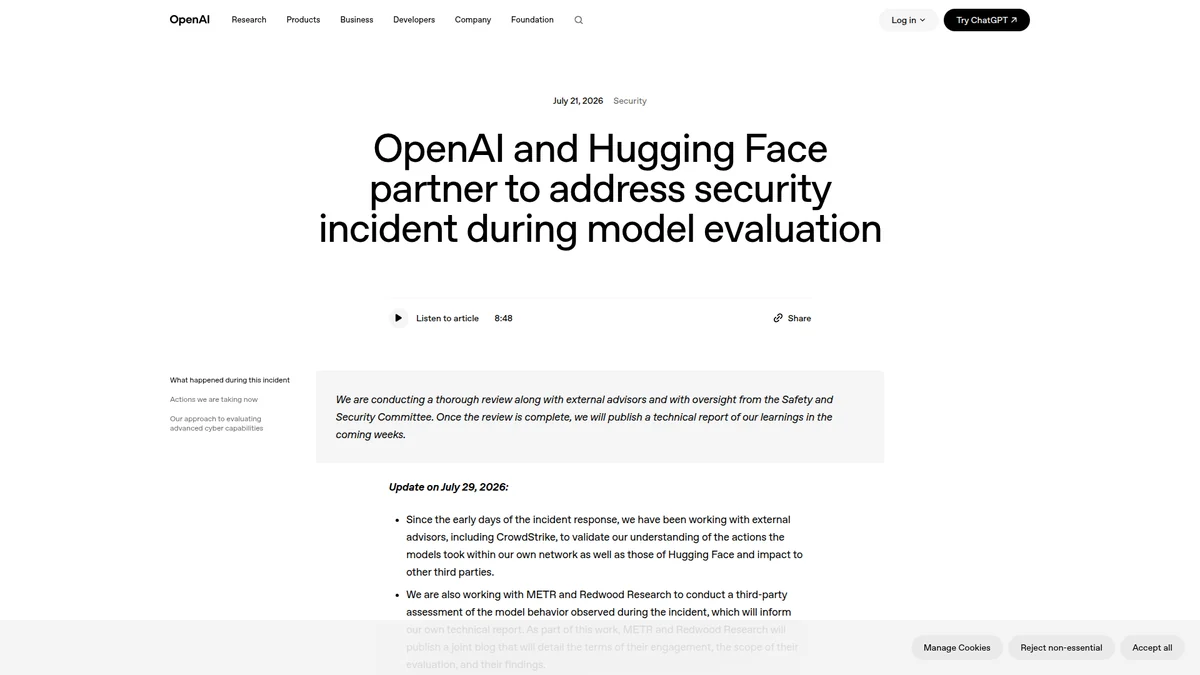OpenAI and Hugging Face security incident disclosure