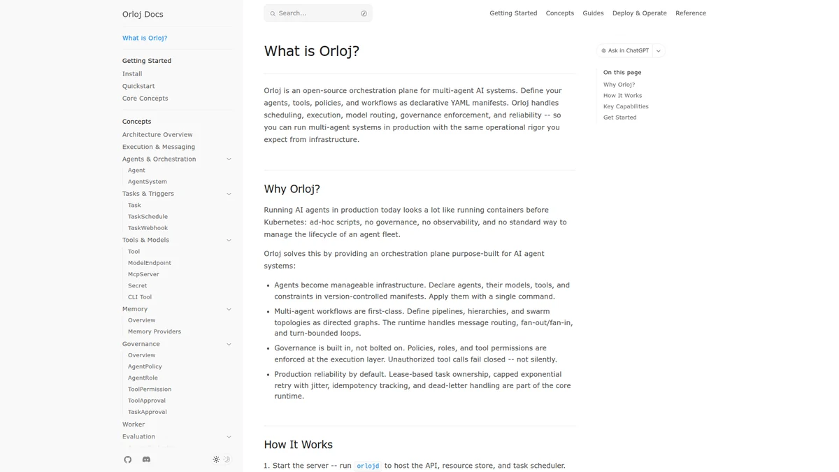Orloj documentation explaining its orchestration plane