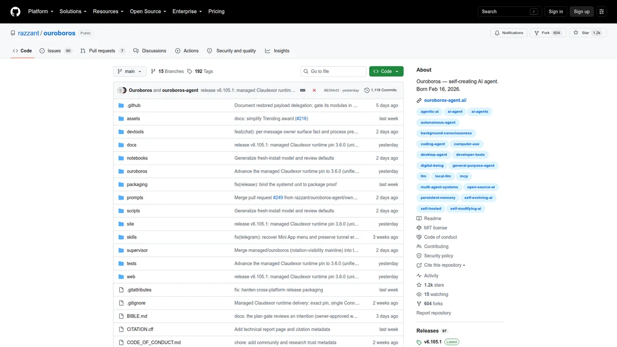 Ouroboros GitHub repository and self-developing agent overview