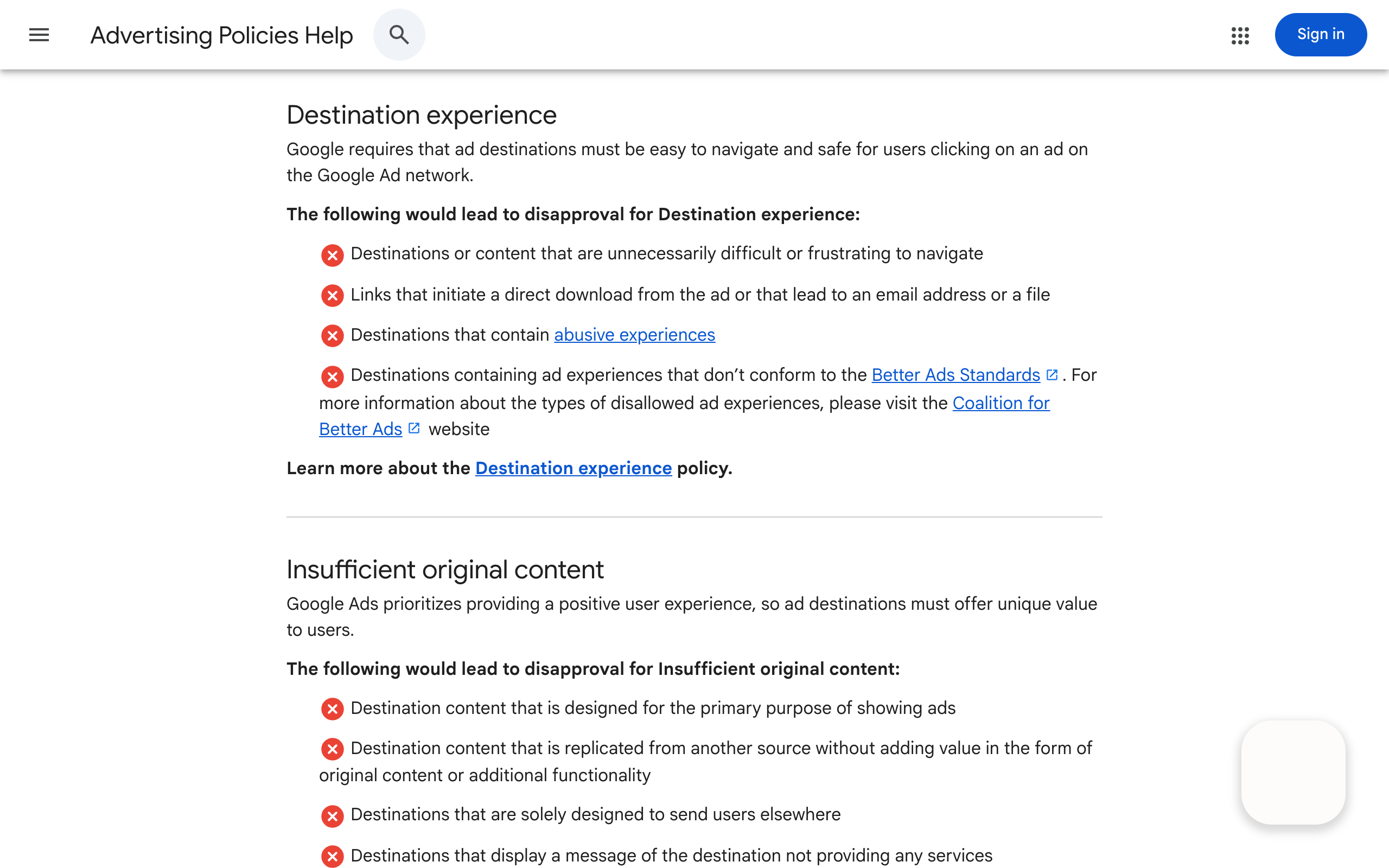 Google Ads help page showing destination requirements for advertising landing pages
