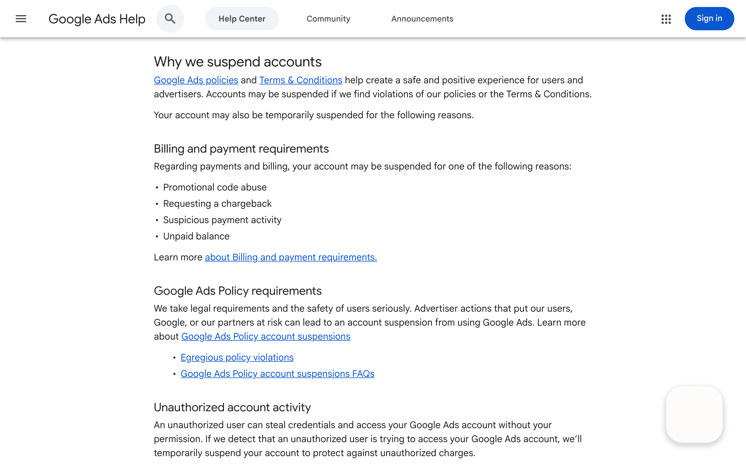 Google Ads account suspension overview distinguishing policy, billing and unauthorized activity issues