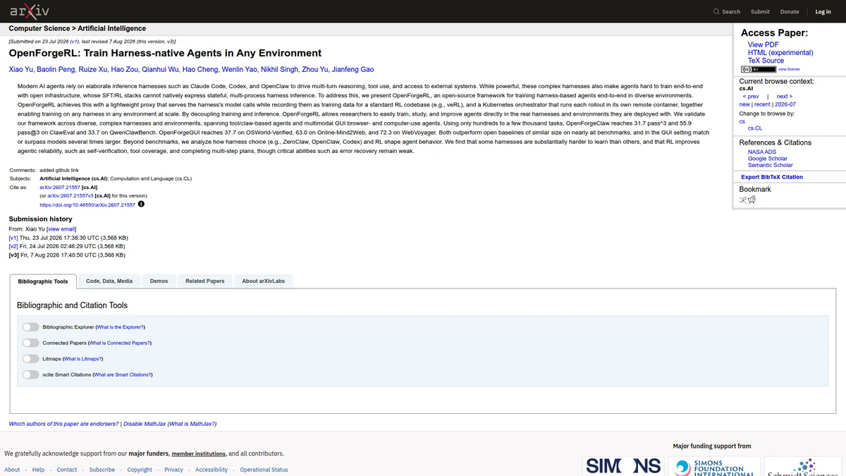 OpenForgeRL paper page describing harness-native agent training