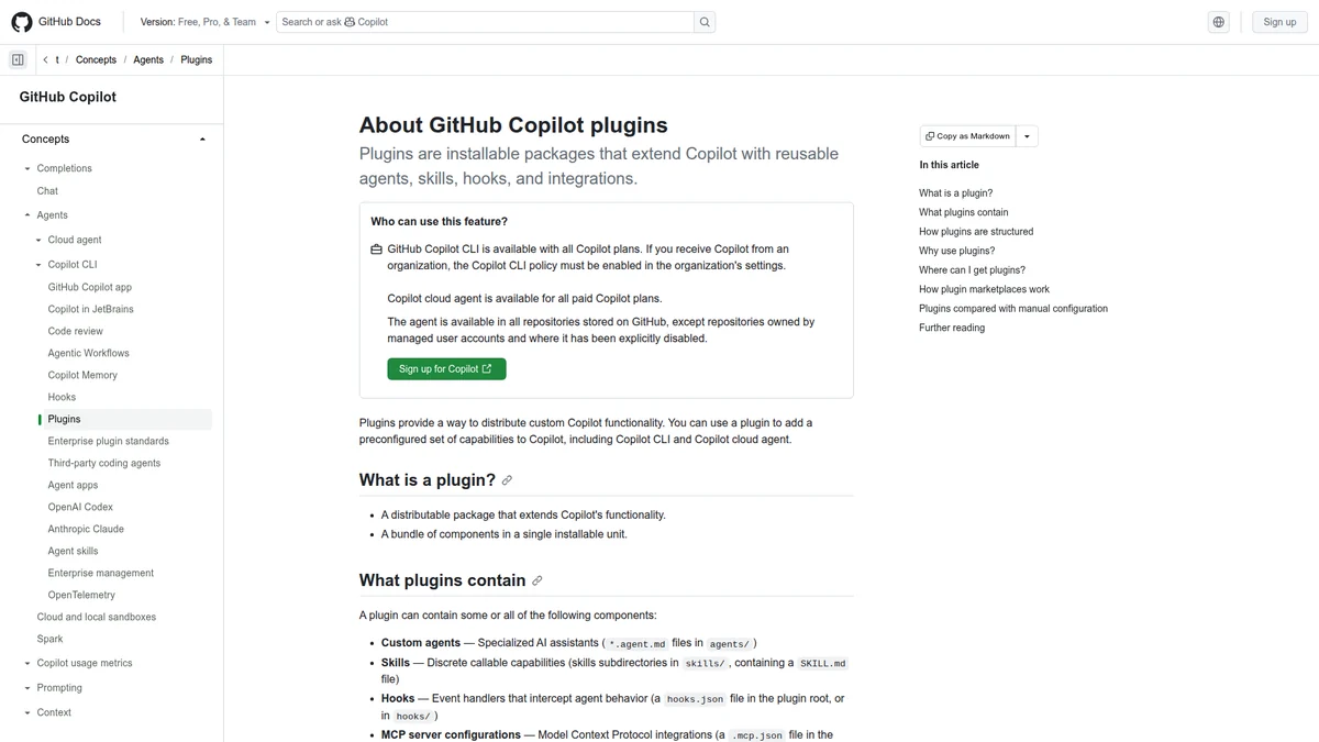 GitHub documentation showing the structure and components of Copilot plugins