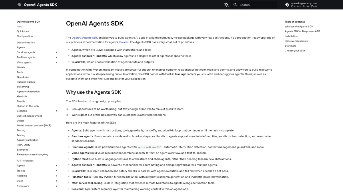 OpenAI Agents SDK documentation showing the framework-level agent surface.