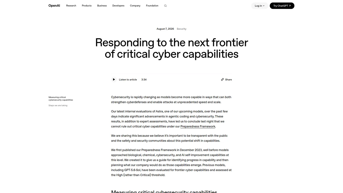 OpenAI critical cyber capabilities announcement