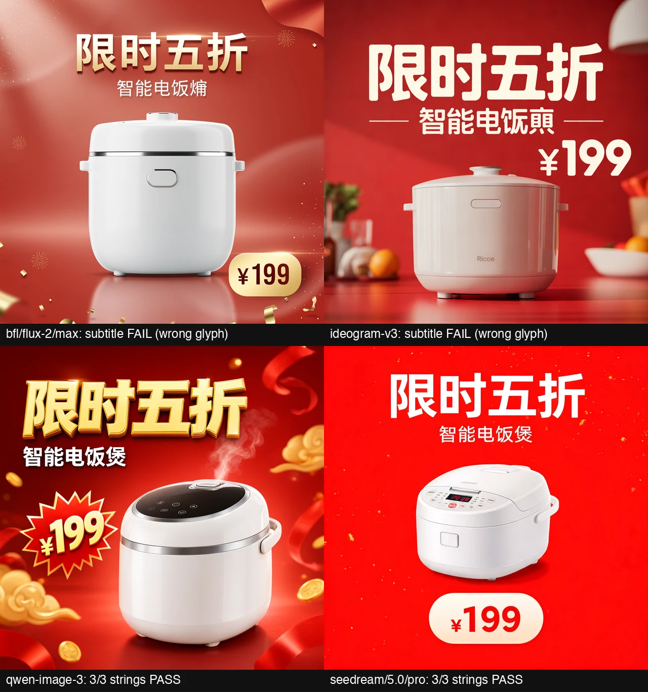 Four generated rice cooker posters for prompt 2: FLUX.2 Max and Ideogram 3 render the subtitle with a malformed last character, Qwen Image 3 and Seedream 5.0 Pro render all three strings correctly