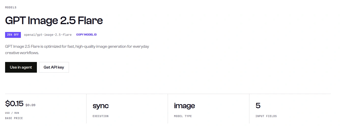 SandBase model page for openai/gpt-image-2.5-flare showing a 25% OFF badge and a $0.15 base price with the $0.20 list price struck through