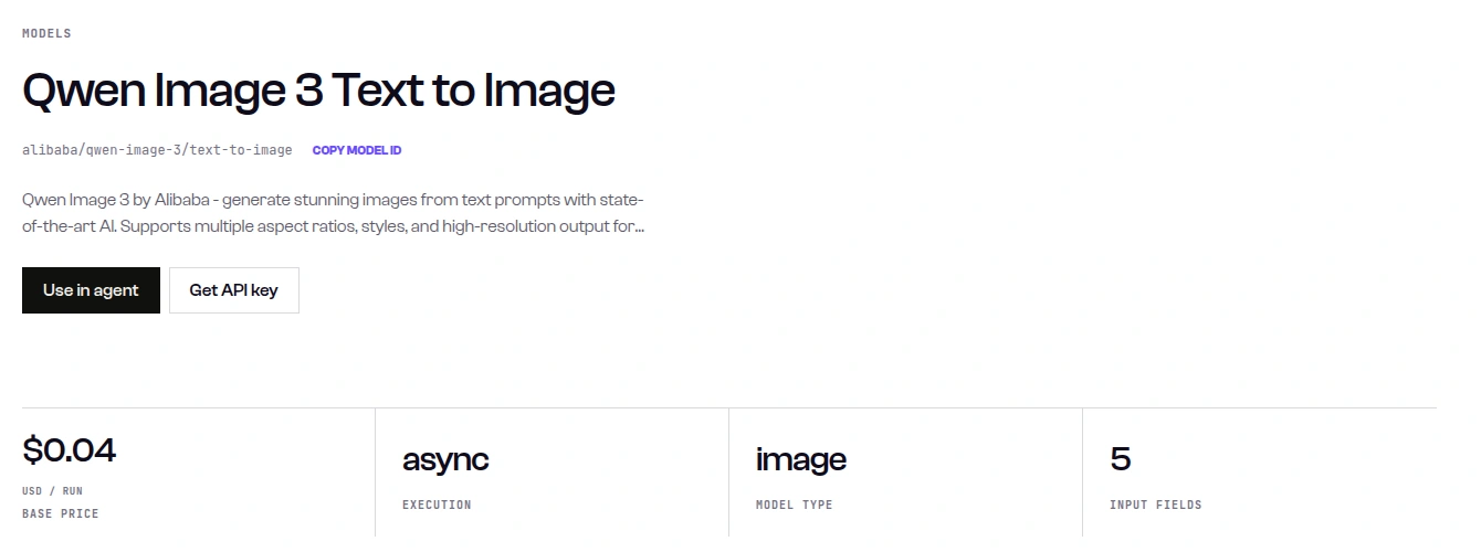 SandBase model page for alibaba/qwen-image-3/text-to-image showing a $0.04 USD per run base price, async execution and 5 input fields