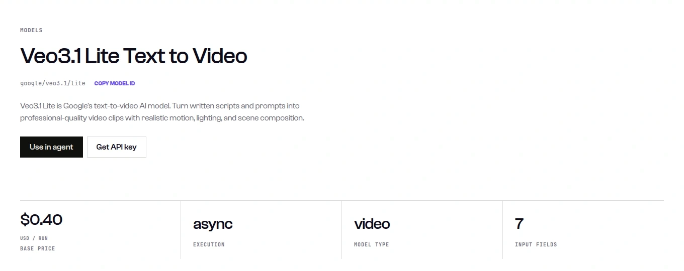 SandBase model page for google/veo3.1/lite showing a $0.40 USD per run base price, async execution and 7 input fields