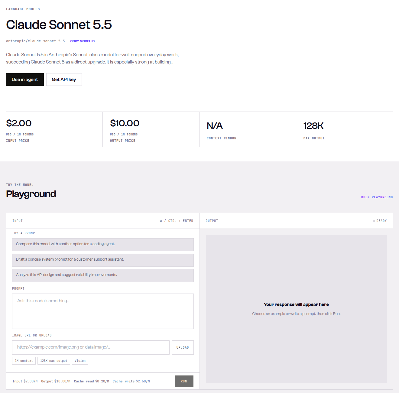 SandBase model page for Claude Sonnet 5.5 showing $2 input, $10 output, $0.20 cache read and $2.50 cache write per million tokens