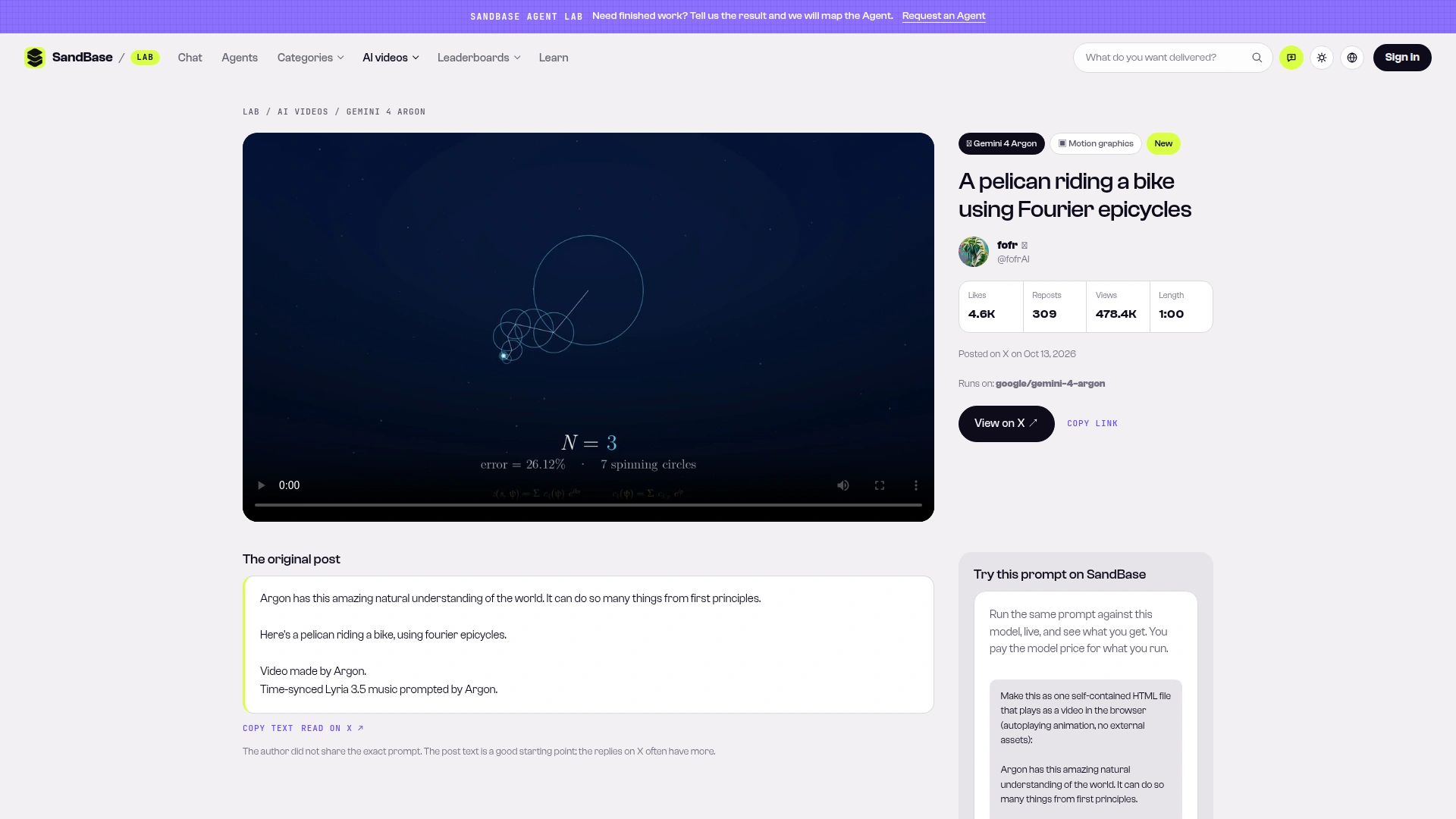 SandBase Lab detail page for the Fourier epicycle pelican by @fofrAI, showing a frame with N = 3, error = 26.12% and 7 spinning circles, plus 4.6K likes, 478.4K views and a 1:00 length