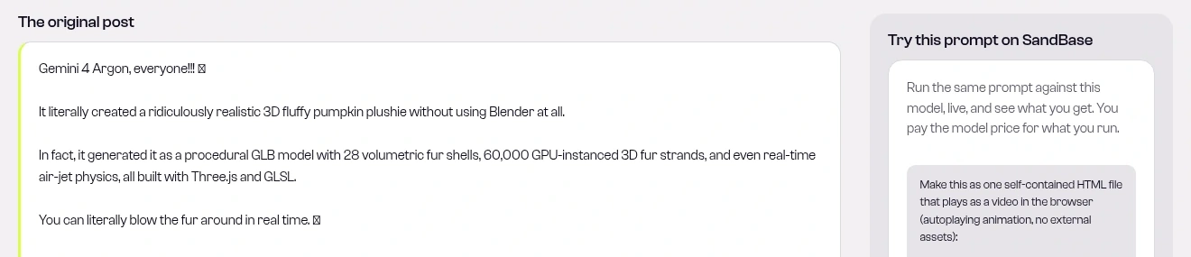 The original post text by @thebuggeddev on its SandBase Lab detail page, describing a procedural GLB with 28 volumetric fur shells, 60,000 GPU-instanced 3D fur strands and real-time air-jet physics in Three.js and GLSL, next to the Try this prompt panel