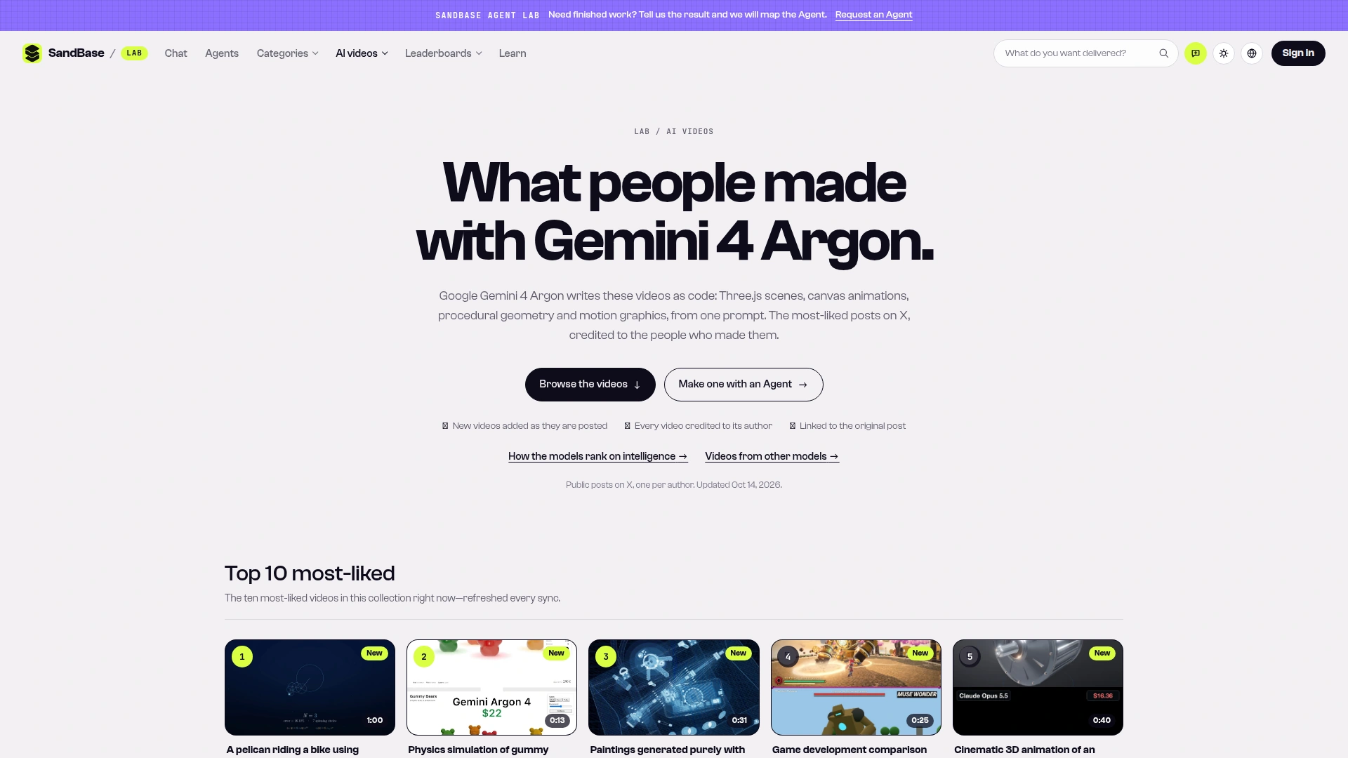 SandBase Lab gallery page headed "What people made with Gemini 4 Argon", with a Top 10 most-liked row starting with the Fourier pelican, the gummy bear physics test and code paintings