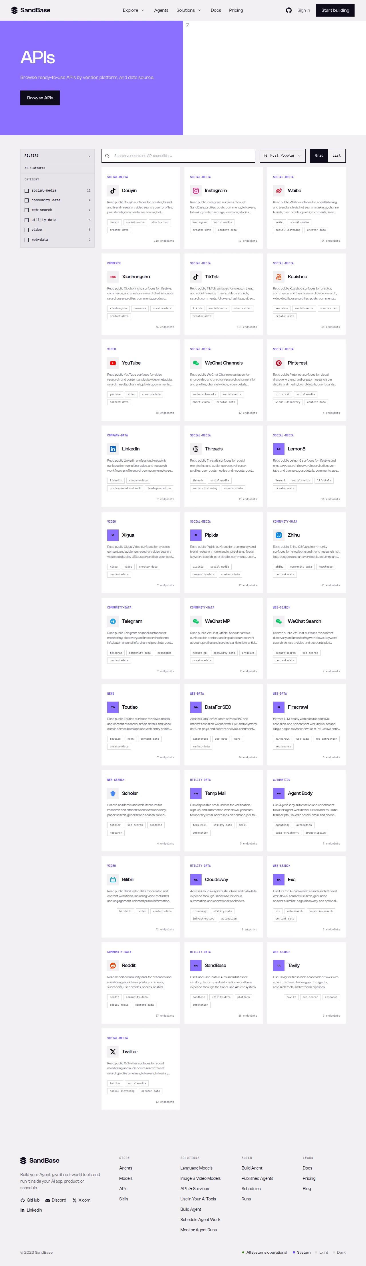 The SandBase API catalog showing many platform APIs in one place