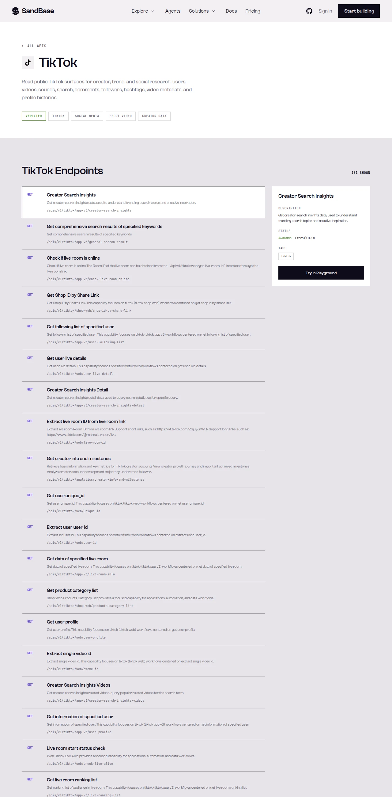 The TikTok API page on SandBase — one platform hub among many