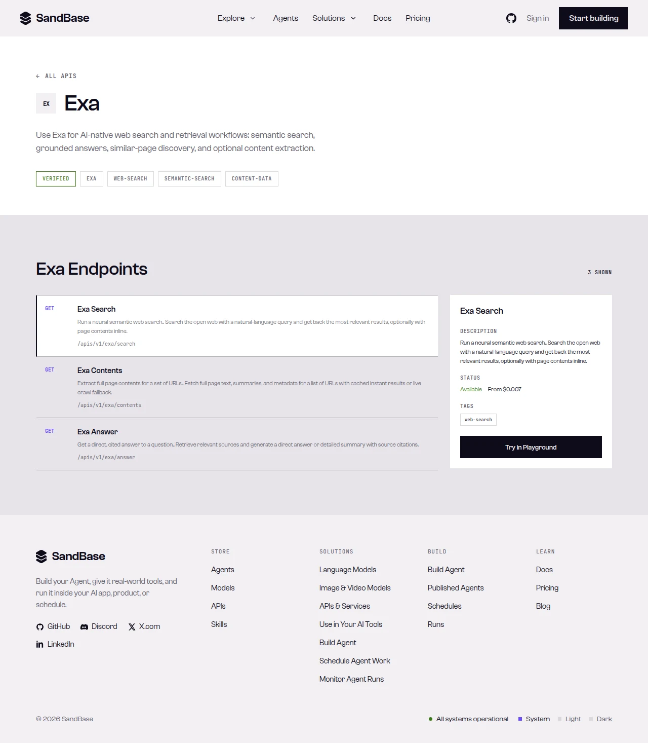 The Exa API page on SandBase, one of three search vendors reachable with one key