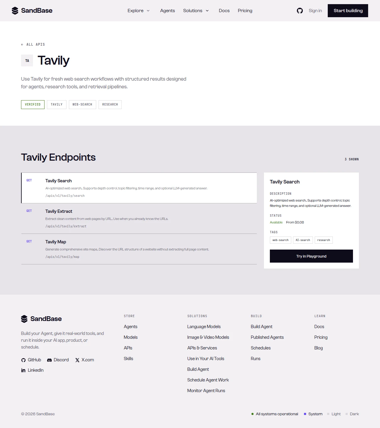 The Tavily API page on SandBase, showing its search, extract, and map endpoints