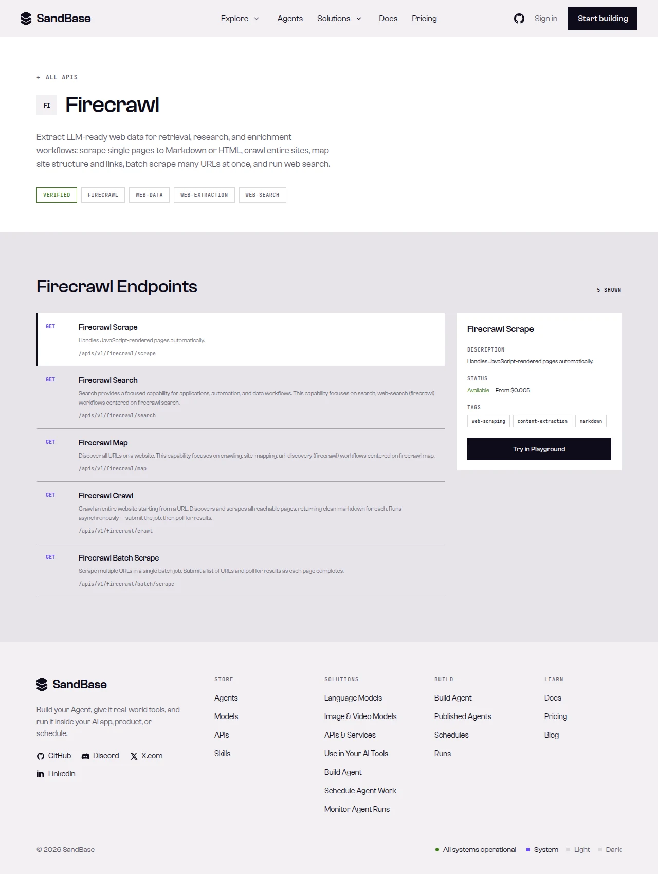 The Firecrawl API page on SandBase, showing its scrape, search, and map endpoints