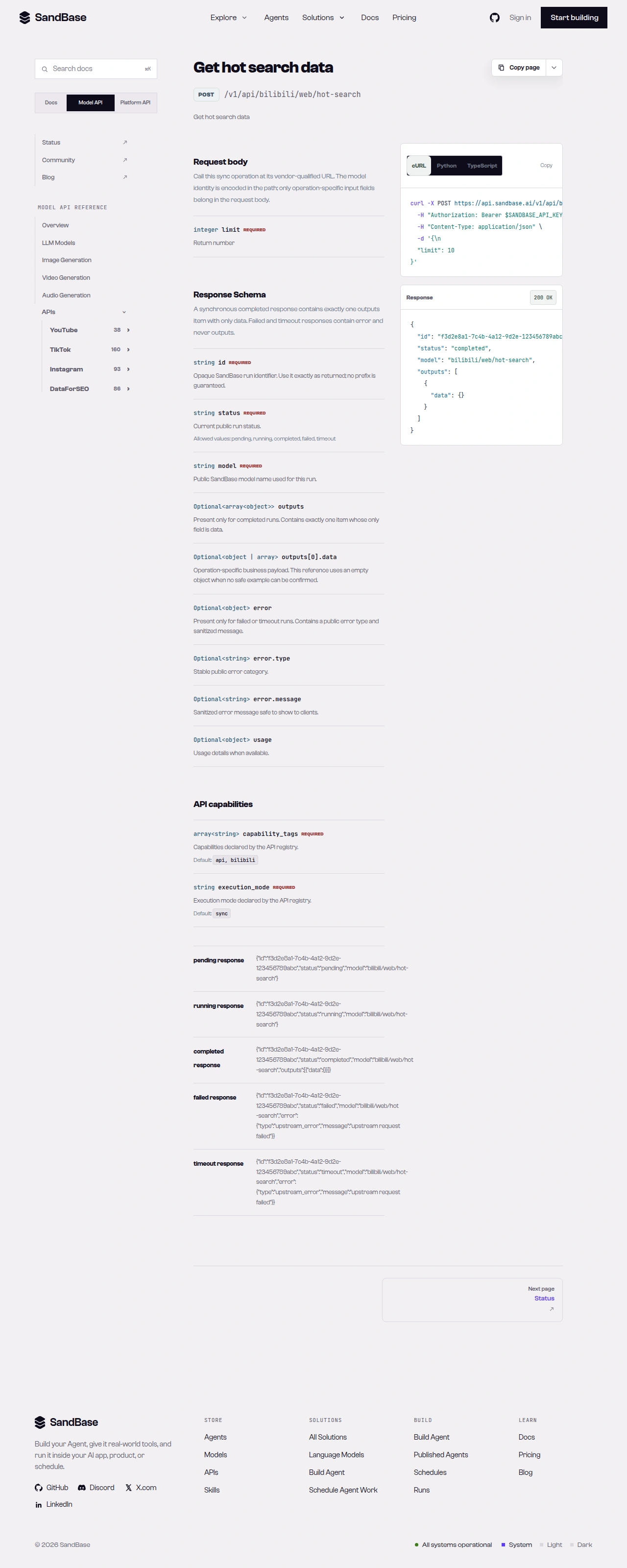 SandBase Bilibili endpoint reference showing the hot-search and creator endpoints used in this workflow