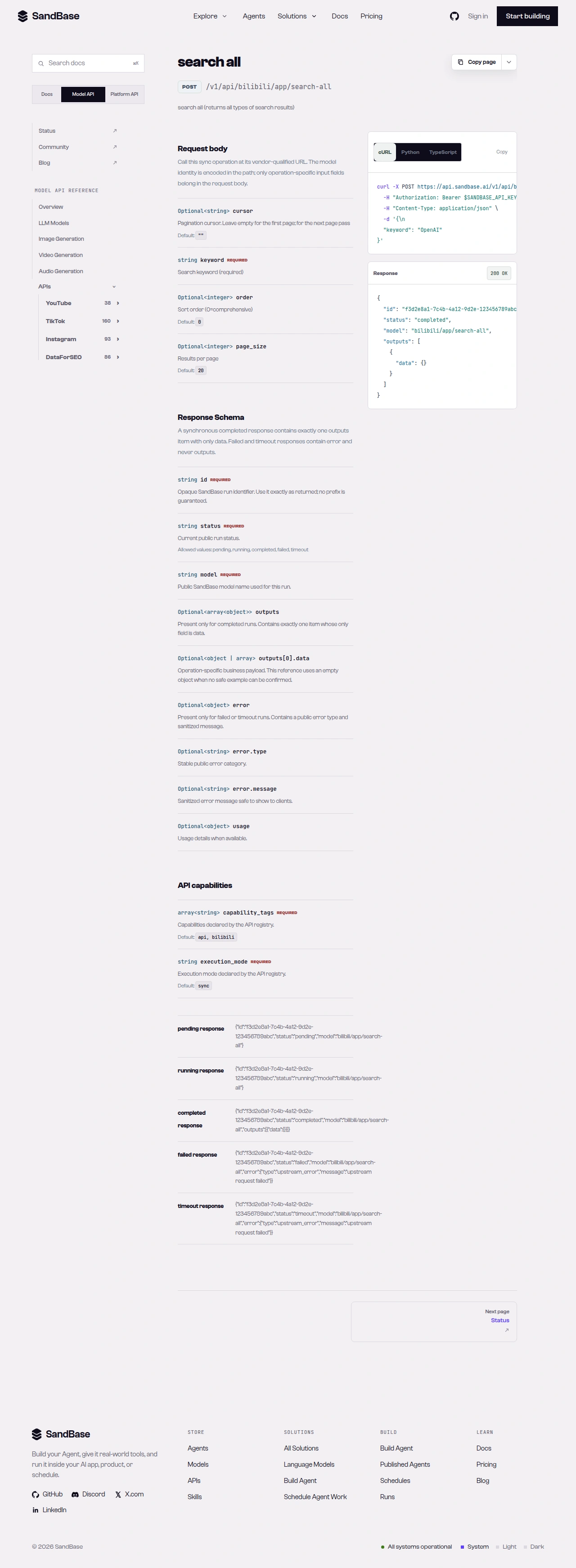 SandBase Bilibili search-all API reference showing the keyword parameter and response schema