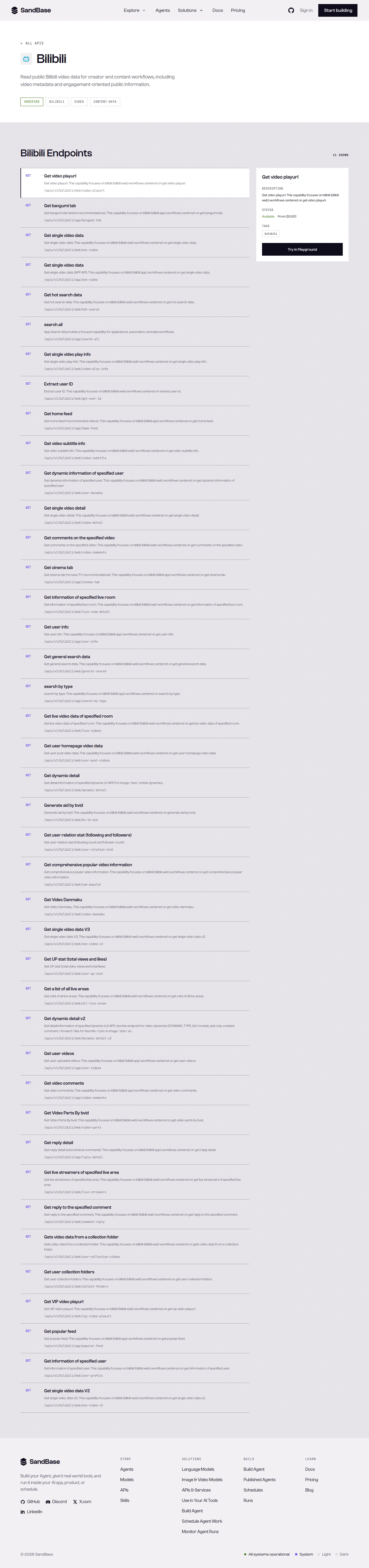SandBase Bilibili API page: description, capability tags, and the endpoint list