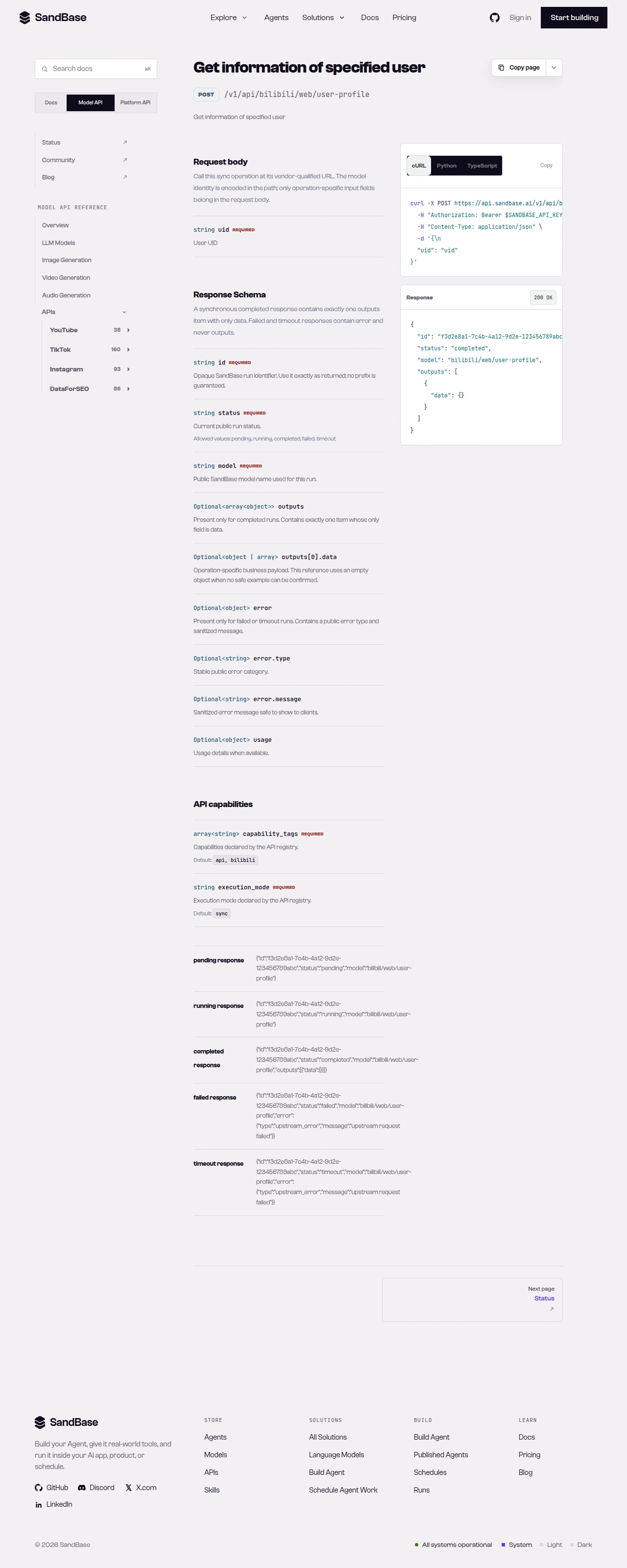 SandBase Bilibili endpoint list showing search, video, creator, and comment endpoints with their paths