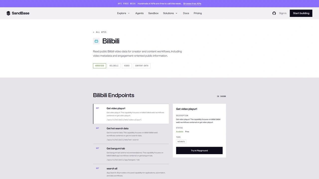 SandBase Bilibili API catalog page listing Bilibili endpoints with Free status