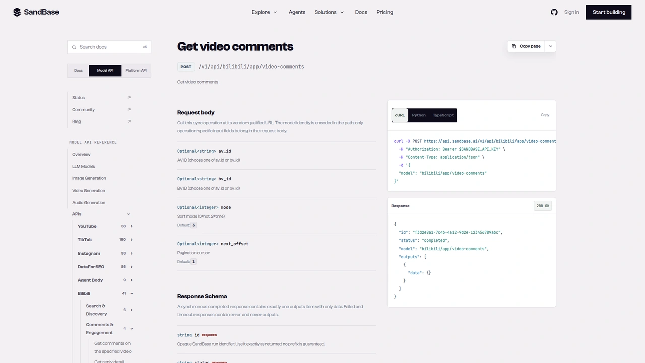 SandBase API reference for the Bilibili app video-comments endpoint