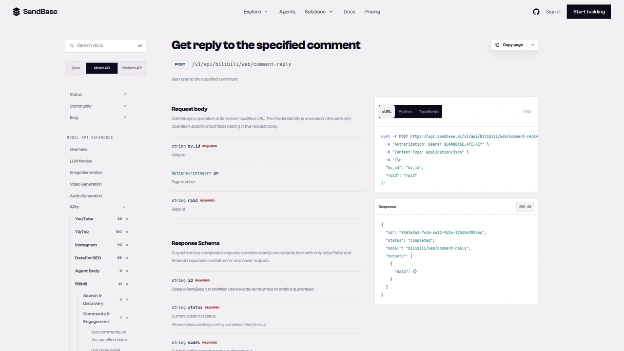 SandBase API reference for the Bilibili web comment-reply endpoint