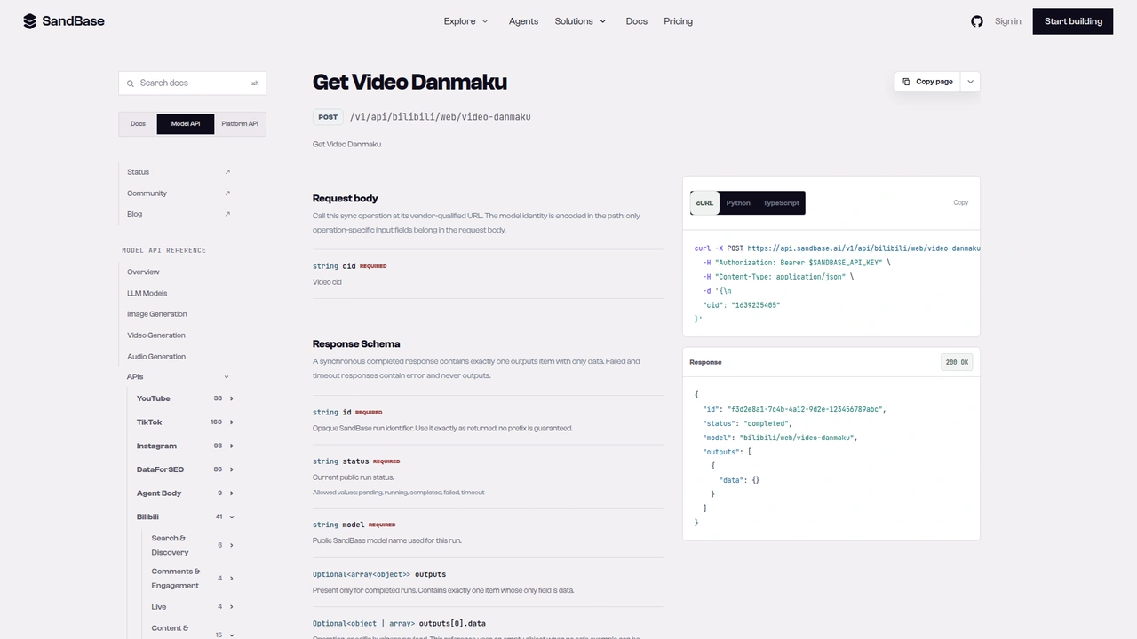 SandBase API reference for the Bilibili web video-danmaku endpoint