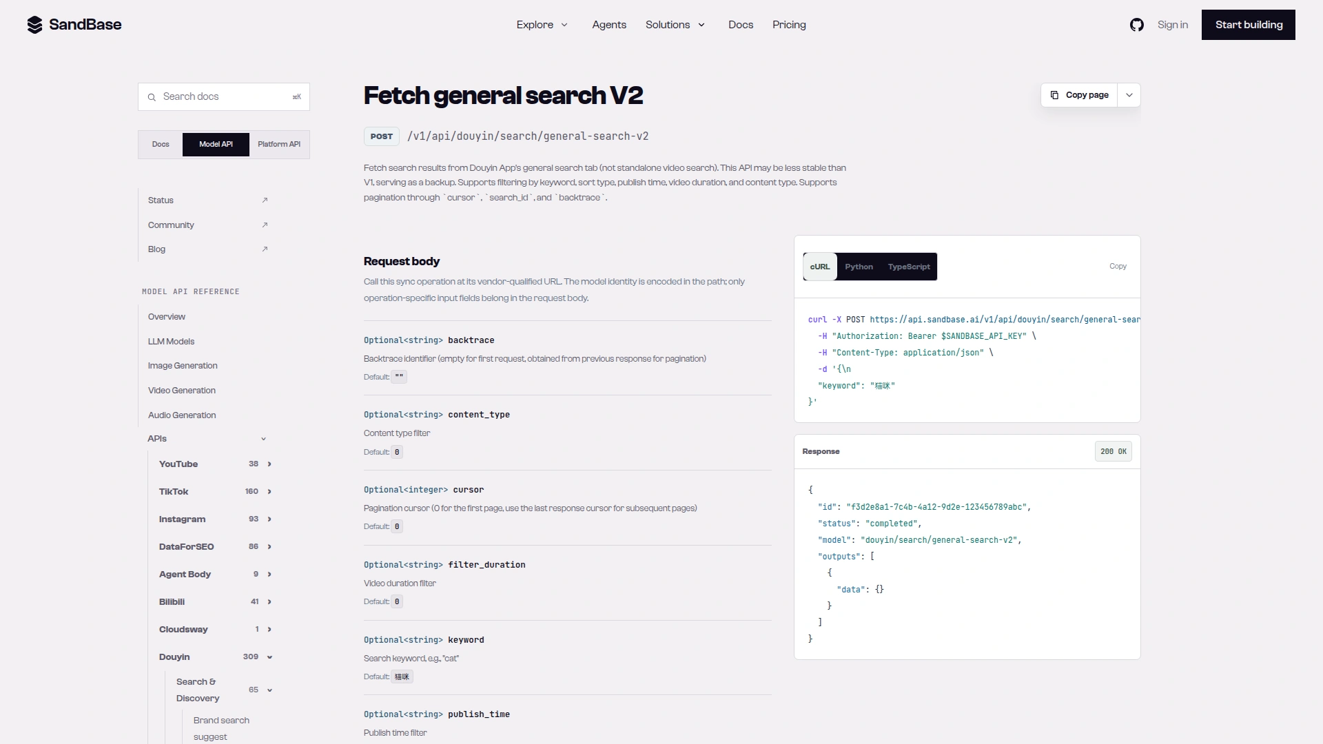 SandBase endpoint reference for douyin/search/general-search-v2 showing the POST route, request body fields and the completed response shape