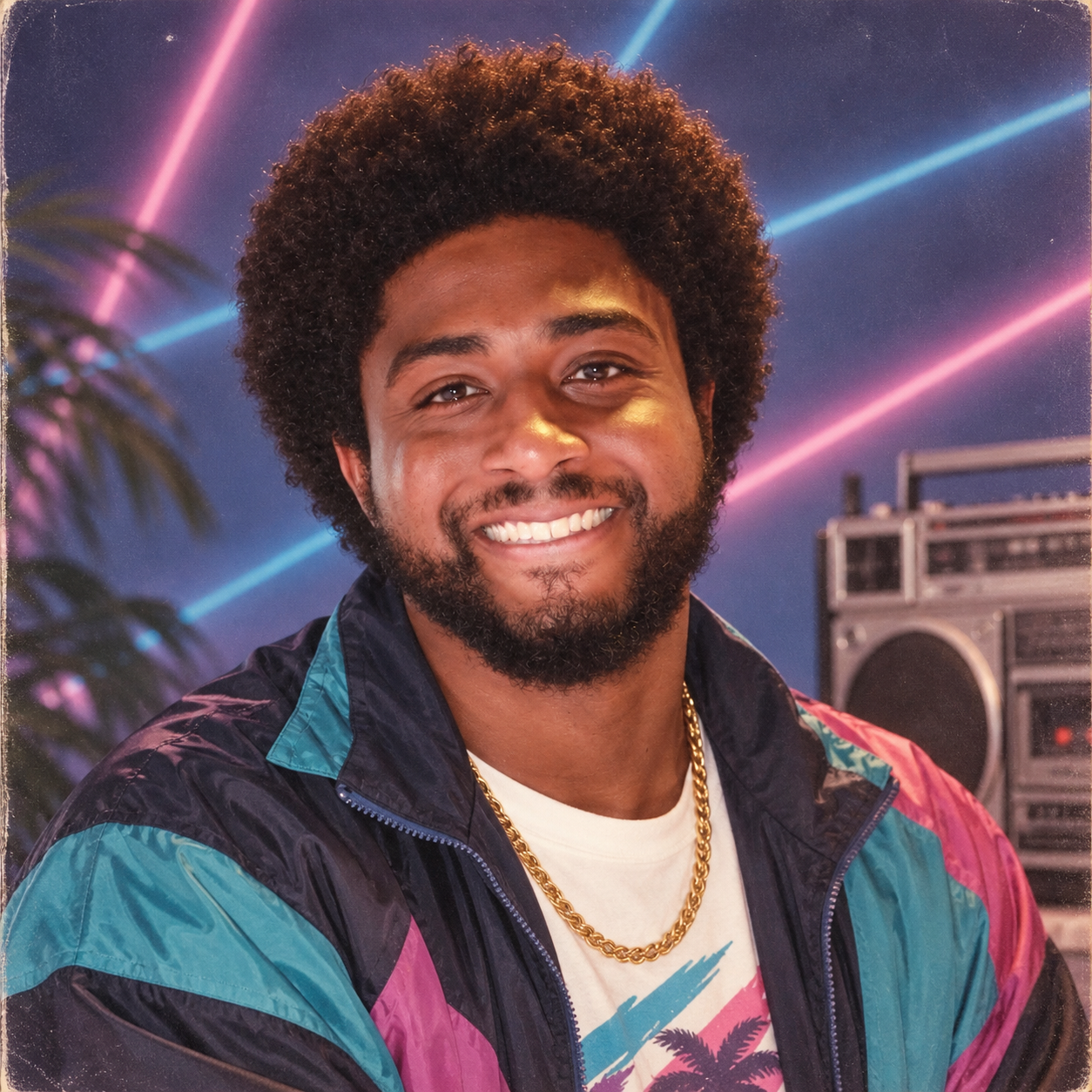 Official 1980s-style portrait with a colorful windbreaker, gold chain and boombox