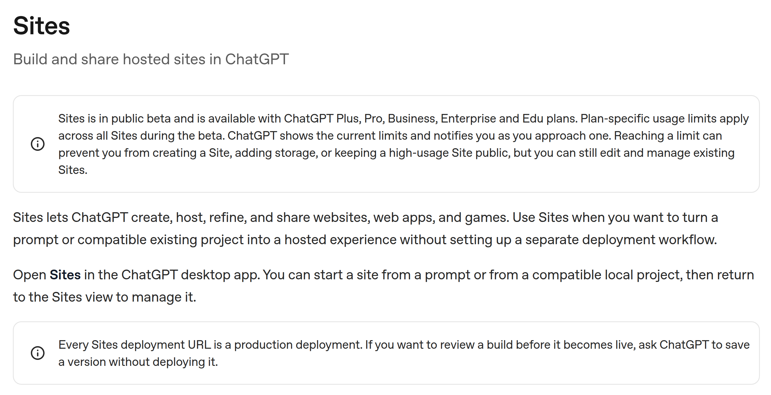 OpenAI Sites documentation showing supported plans, beta limits, and production deployment guidance