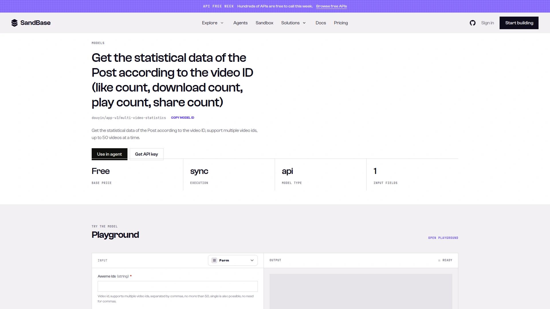 SandBase model page for douyin/app-v3/multi-video-statistics showing Base price Free, sync execution and 1 input field